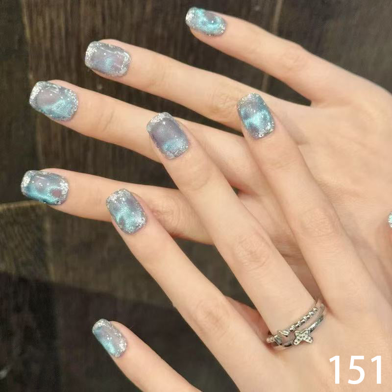 Ice Blue Cat-Eye Silver Glitter Cuff Short Squoval