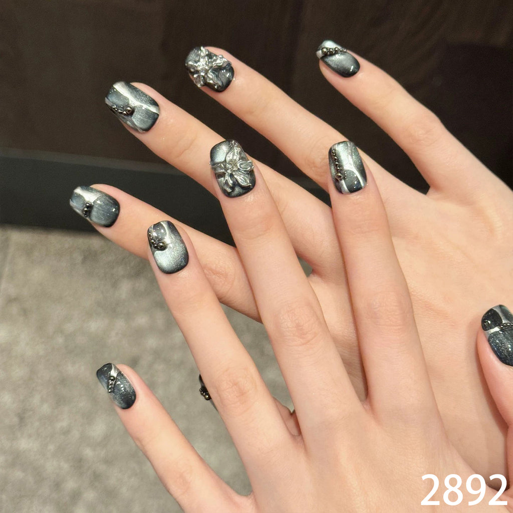 Charcoal Cat-Eye & Silver Floral Medium Squoval