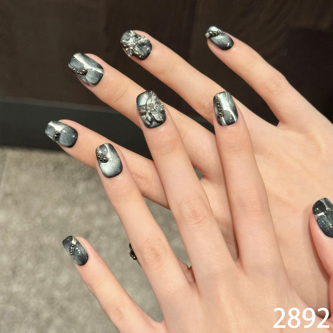 Charcoal Cat-Eye & Silver Floral Medium Squoval
