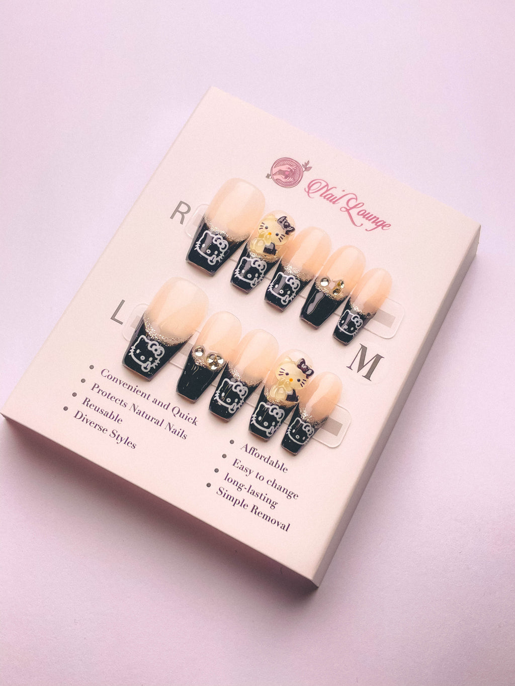 Kitty French Tip Press-On Acrylic Nails – Medium Coffin Shape