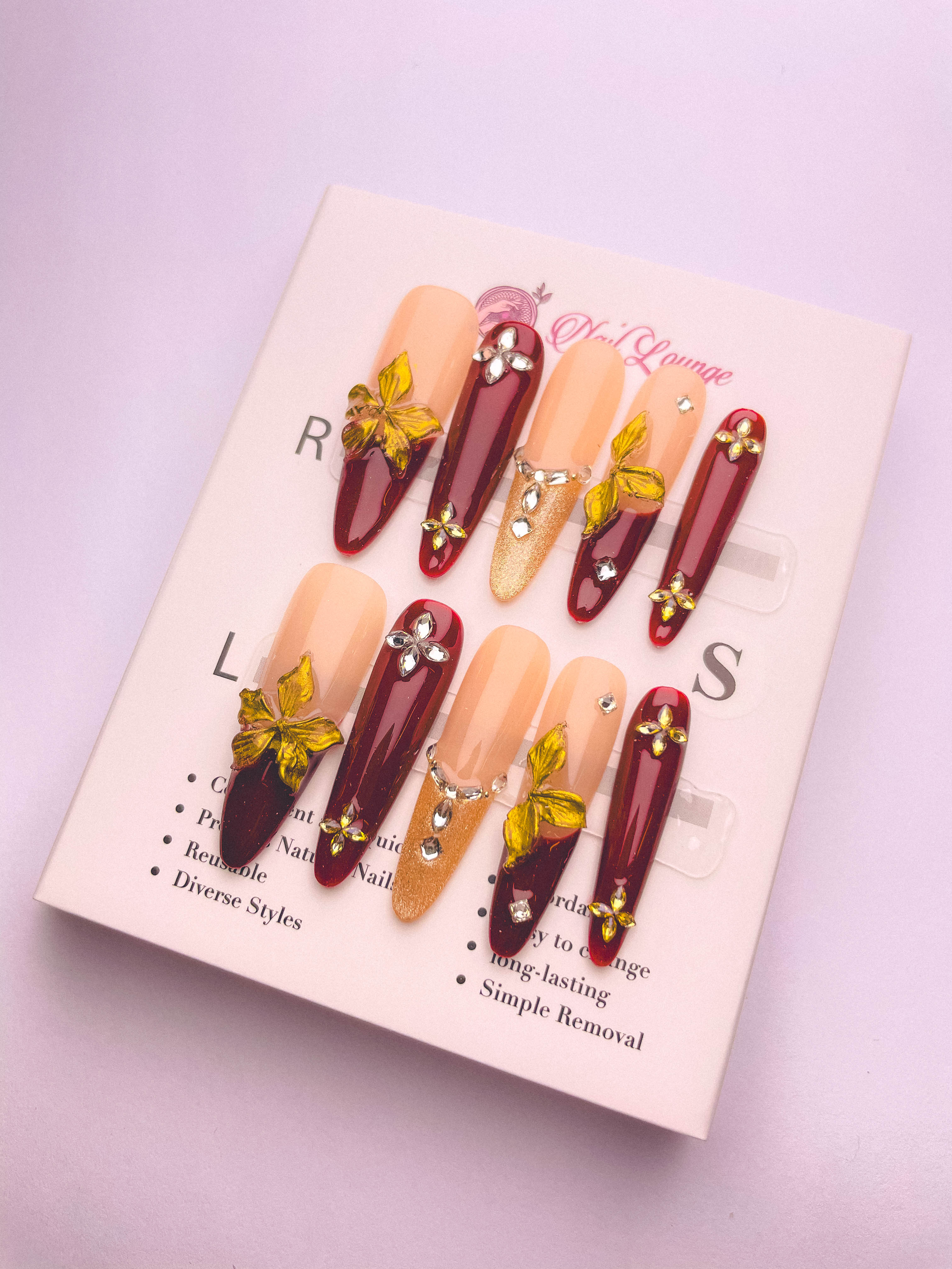 3D Gold Foil Press-On Acrylic Nails – Thin Stiletto Shape