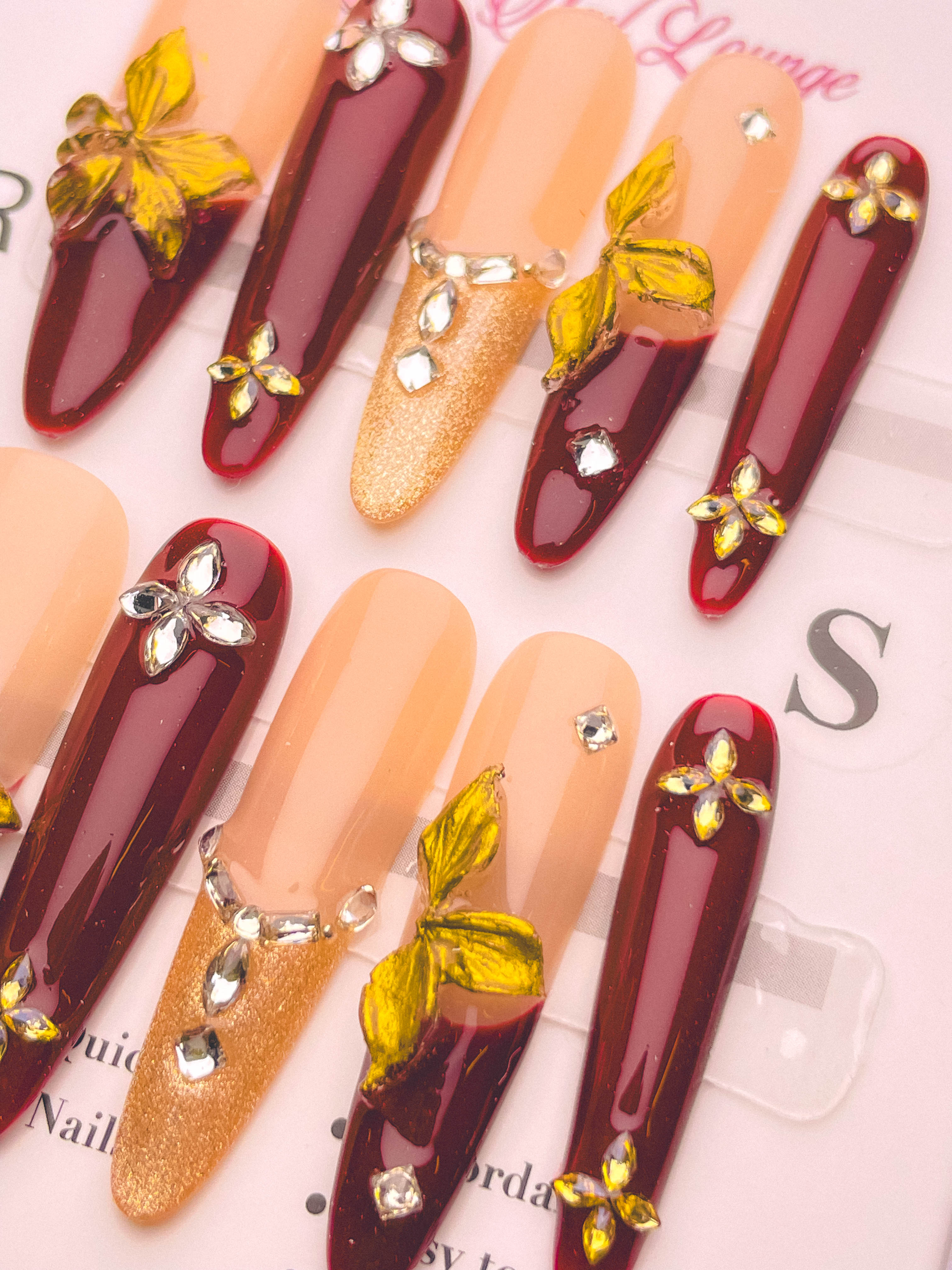3D Gold Foil Press-On Acrylic Nails – Thin Stiletto Shape