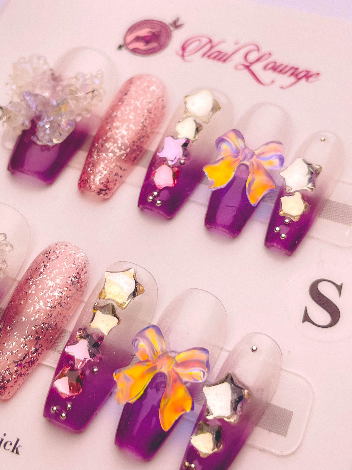 Crystal Bow Press-On Acrylic Nails – Medium Coffin Shape