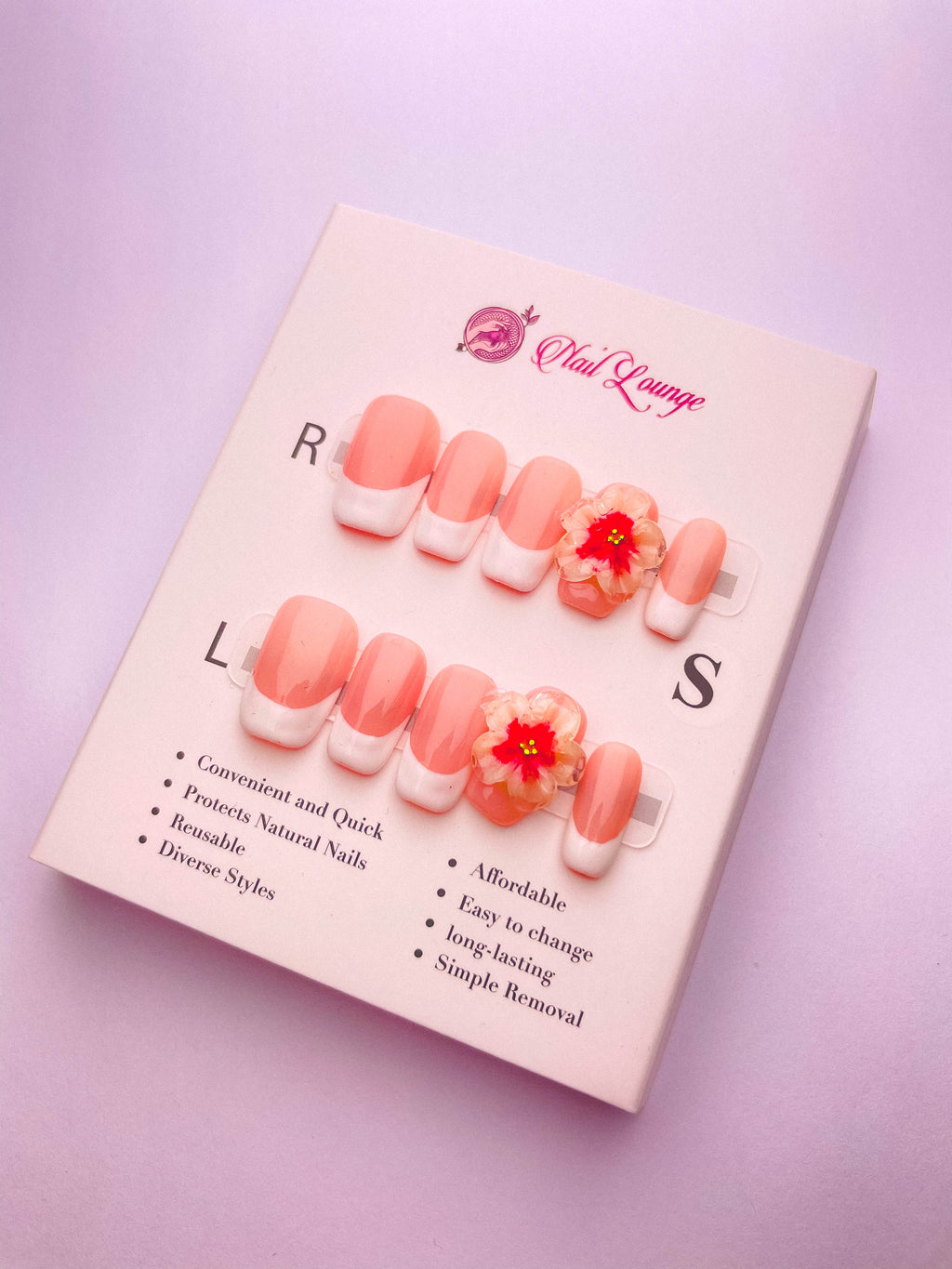 Pink Floral Carving Press-On Acrylic Nails – Short Coffin Shape