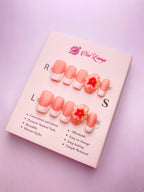 Pink Floral Carving Press-On Acrylic Nails – Short Coffin Shape