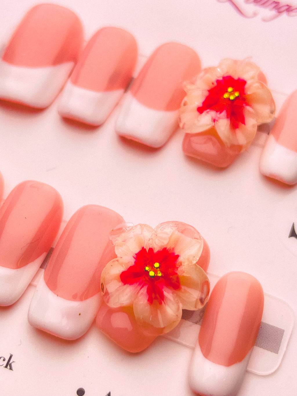 Pink Floral Carving Press-On Acrylic Nails – Short Coffin Shape