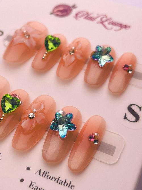 Blooming Color Crystal Press-On Acrylic Nails – Medium Oval Shape