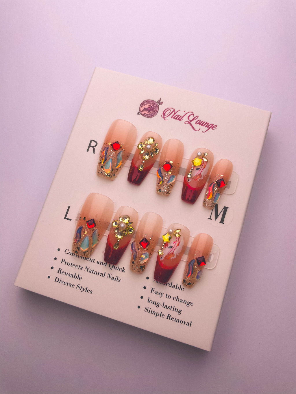 Crimson Crystal Butterfly Press-On Acrylic Nails – Long Coffin Shape