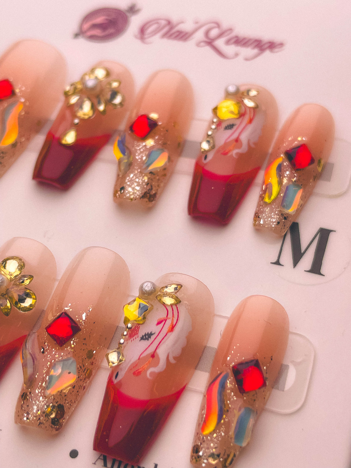 Crimson Crystal Butterfly Press-On Acrylic Nails – Long Coffin Shape