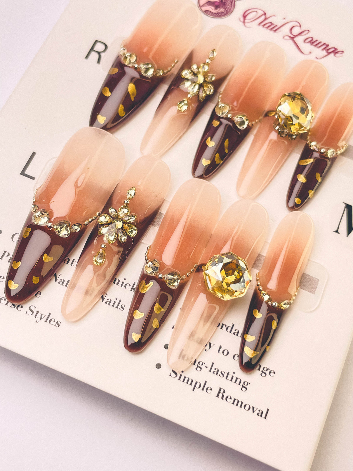 Pink Brown Luxe Gem Press-On Acrylic Nails – Thin Stiletto Shape