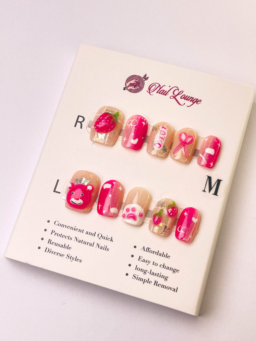 Hand-Painted Strawberry Bear Press-On Acrylic Nails – XS Coffin Shape