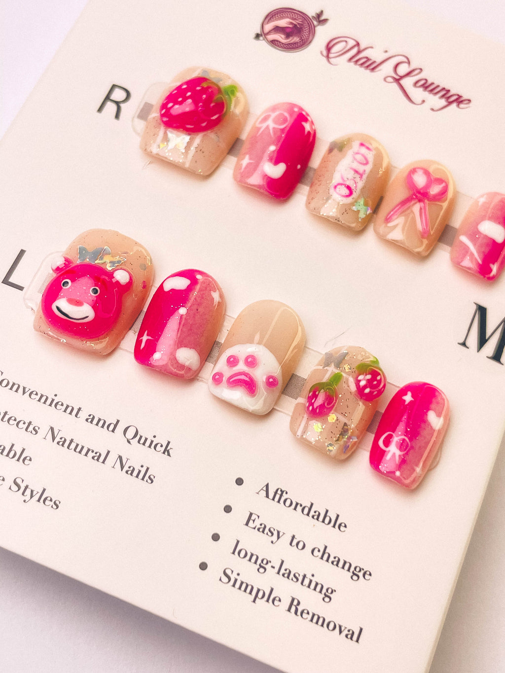 Hand-Painted Strawberry Bear Press-On Acrylic Nails – XS Coffin Shape
