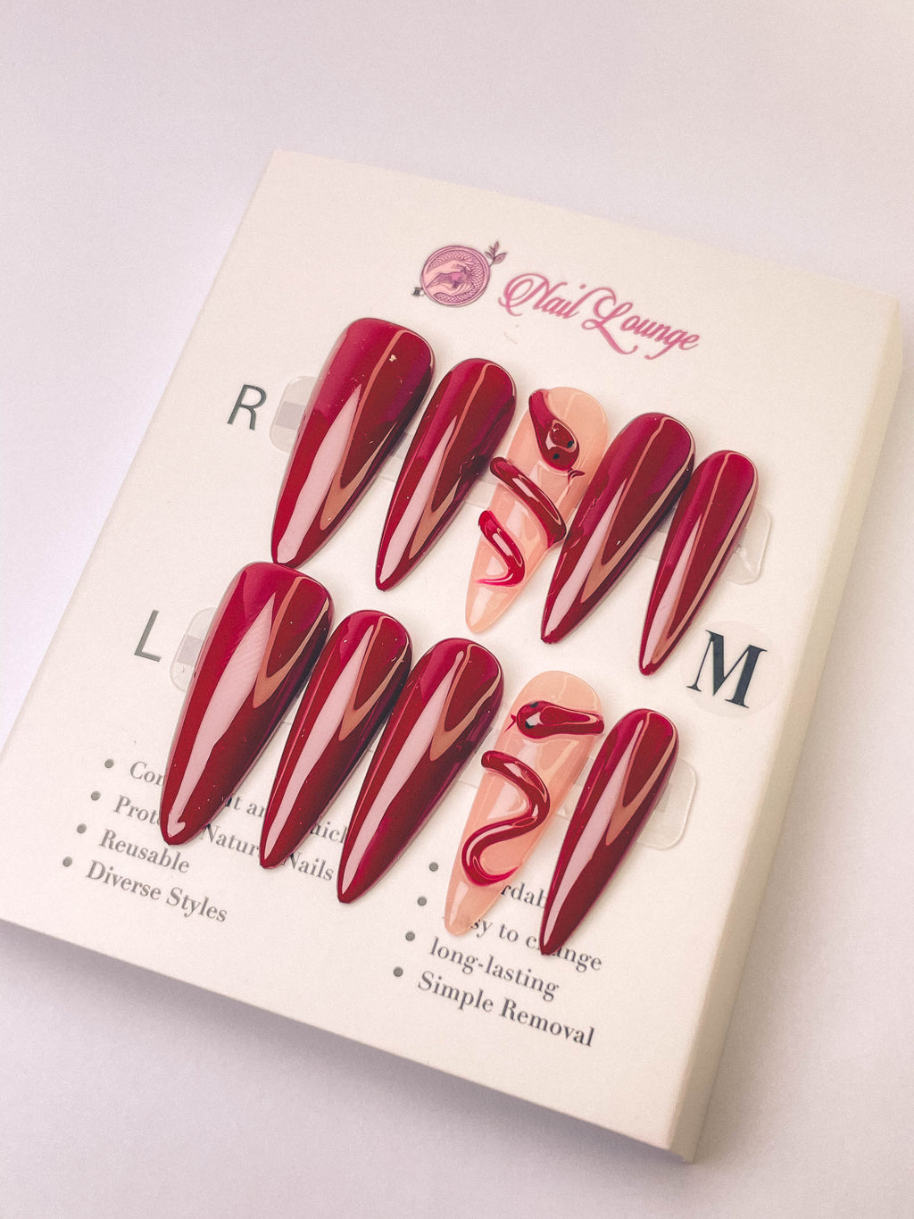 Red Little Snake Press-On Acrylic Nails – Long Teardrop Shape