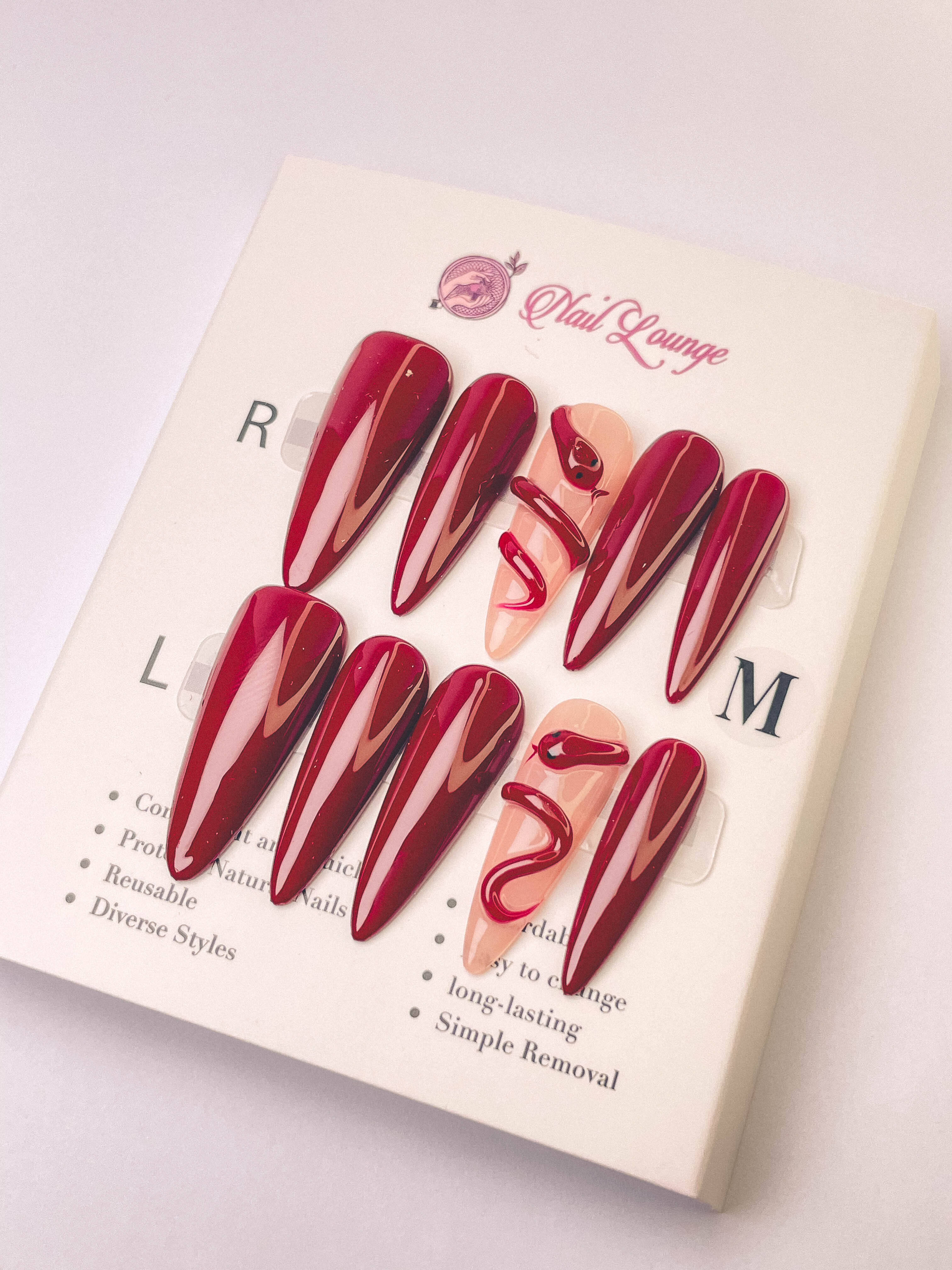 Red Little Snake Press-On Acrylic Nails – Long Teardrop Shape