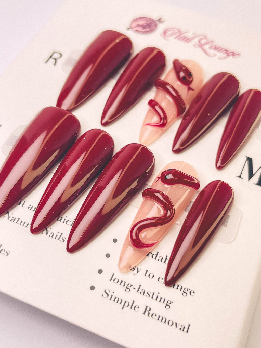 Red Little Snake Press-On Acrylic Nails – Long Teardrop Shape