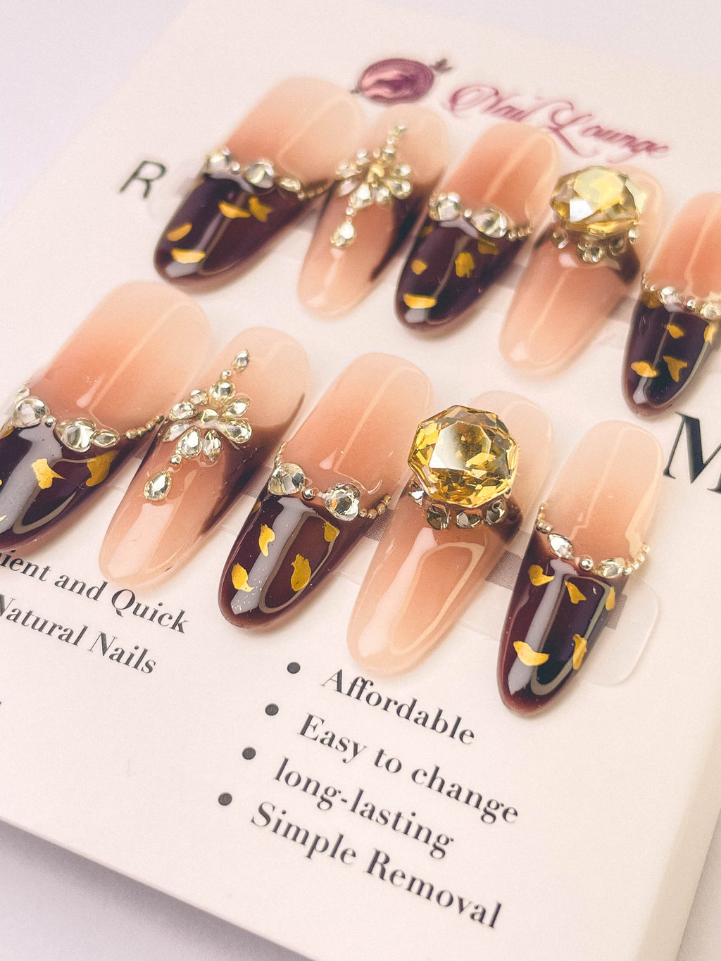 Pink Brown Luxe Gem Press-On Acrylic Nails – Long Oval Shape