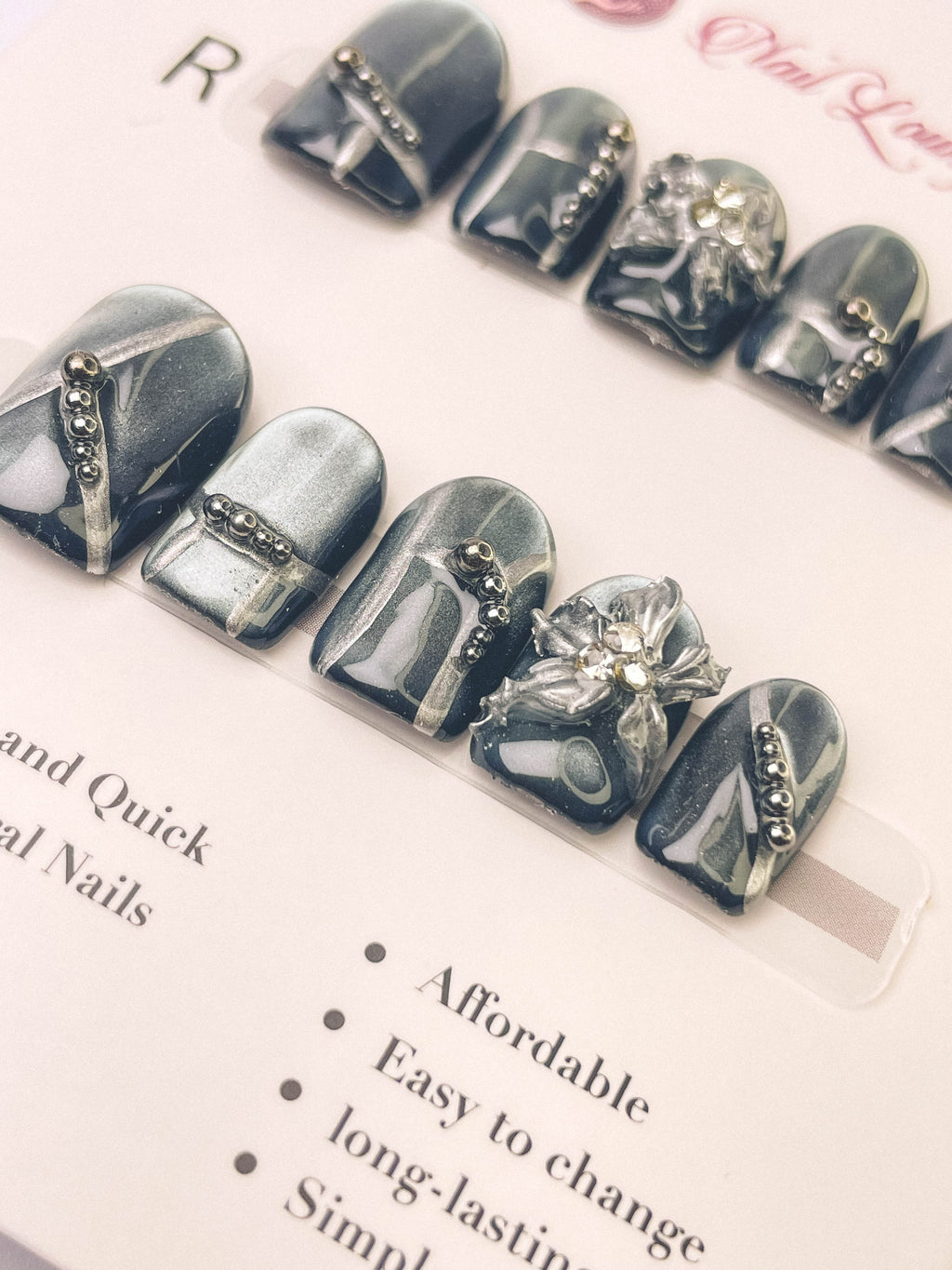 Silver Flower Shadow Press-On Acrylic Nails – Short Square Shape