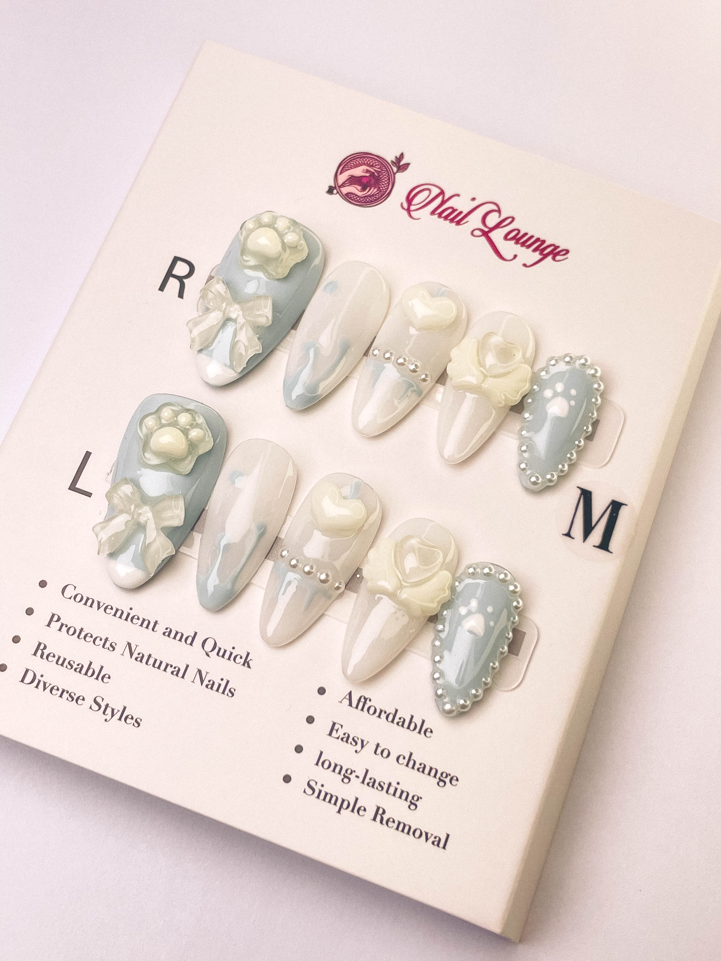 Milky Blue Bear Press-On Acrylic Nails – Almond Shape