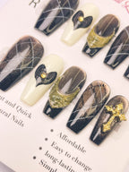 Black Gilded Heart Crown Press-On Acrylic Nails – Medium Coffin Shape