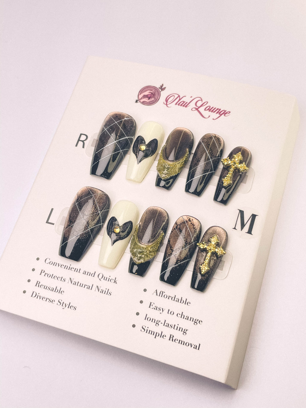 Black Gilded Heart Crown Press-On Acrylic Nails – Medium Coffin Shape