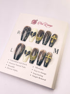 Black Gilded Heart Crown Press-On Acrylic Nails – Medium Coffin Shape