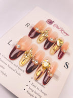 Golden Flame Crown Press-On Acrylic Nails – Long Oval Shape