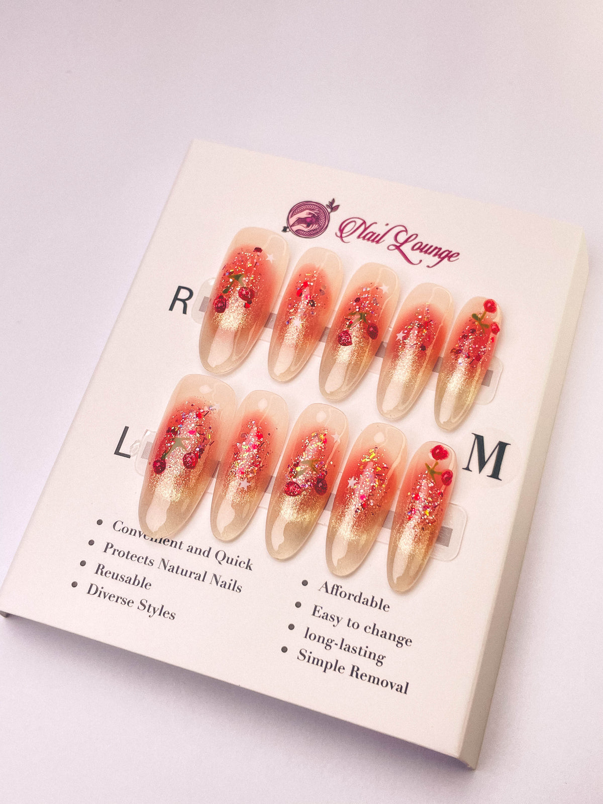 Sweetheart Cherry Press-On Acrylic Nails – Long Oval Shape
