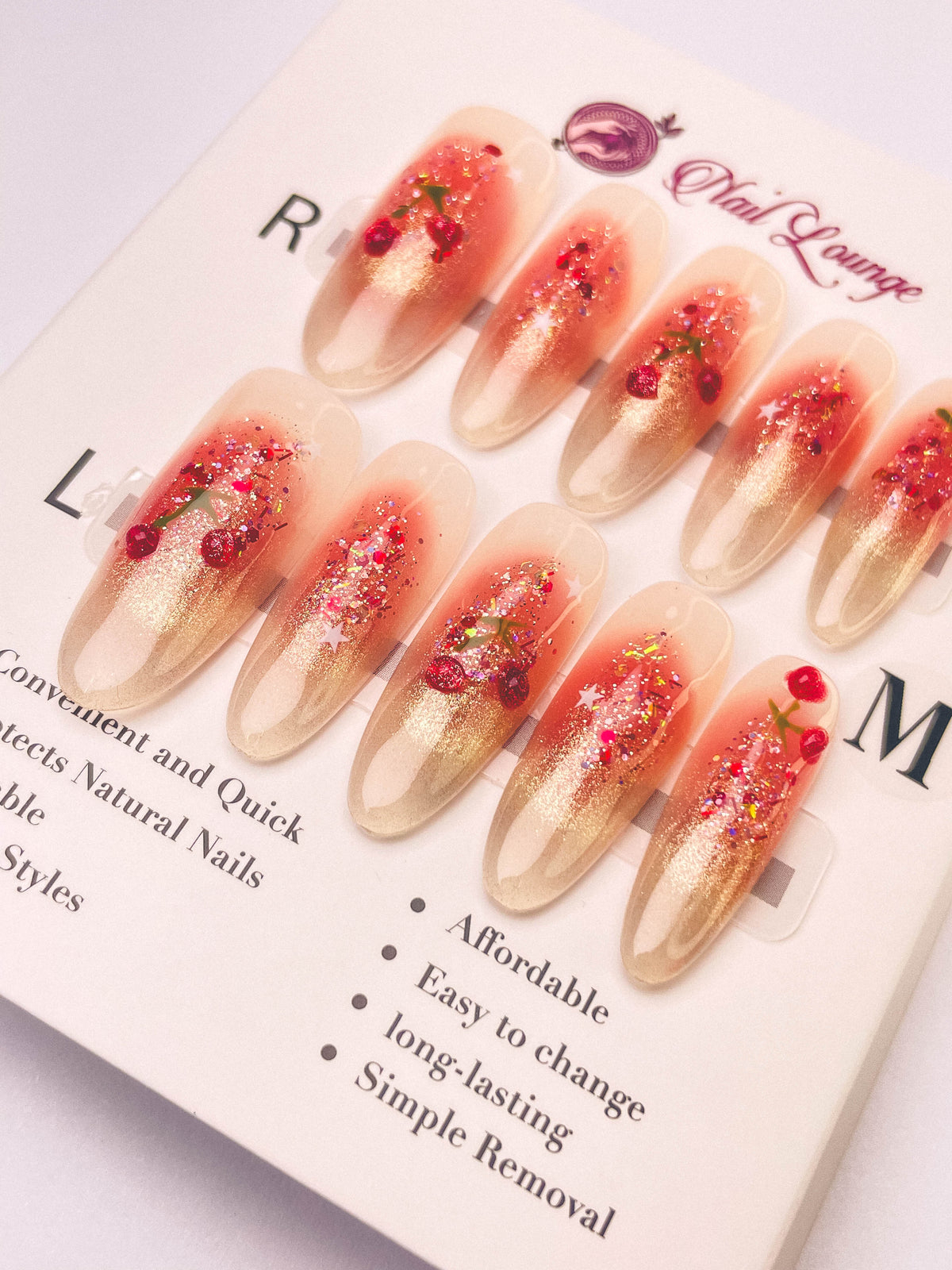 Sweetheart Cherry Press-On Acrylic Nails – Long Oval Shape