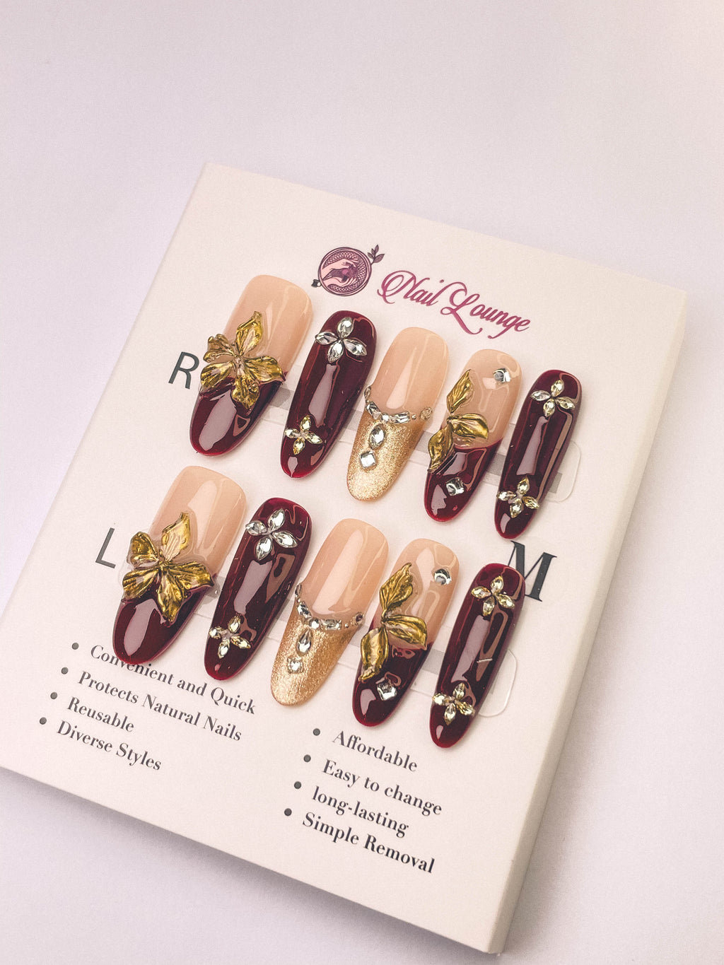 3D Gold Foil Press-On Acrylic Nails – Long Oval Shape