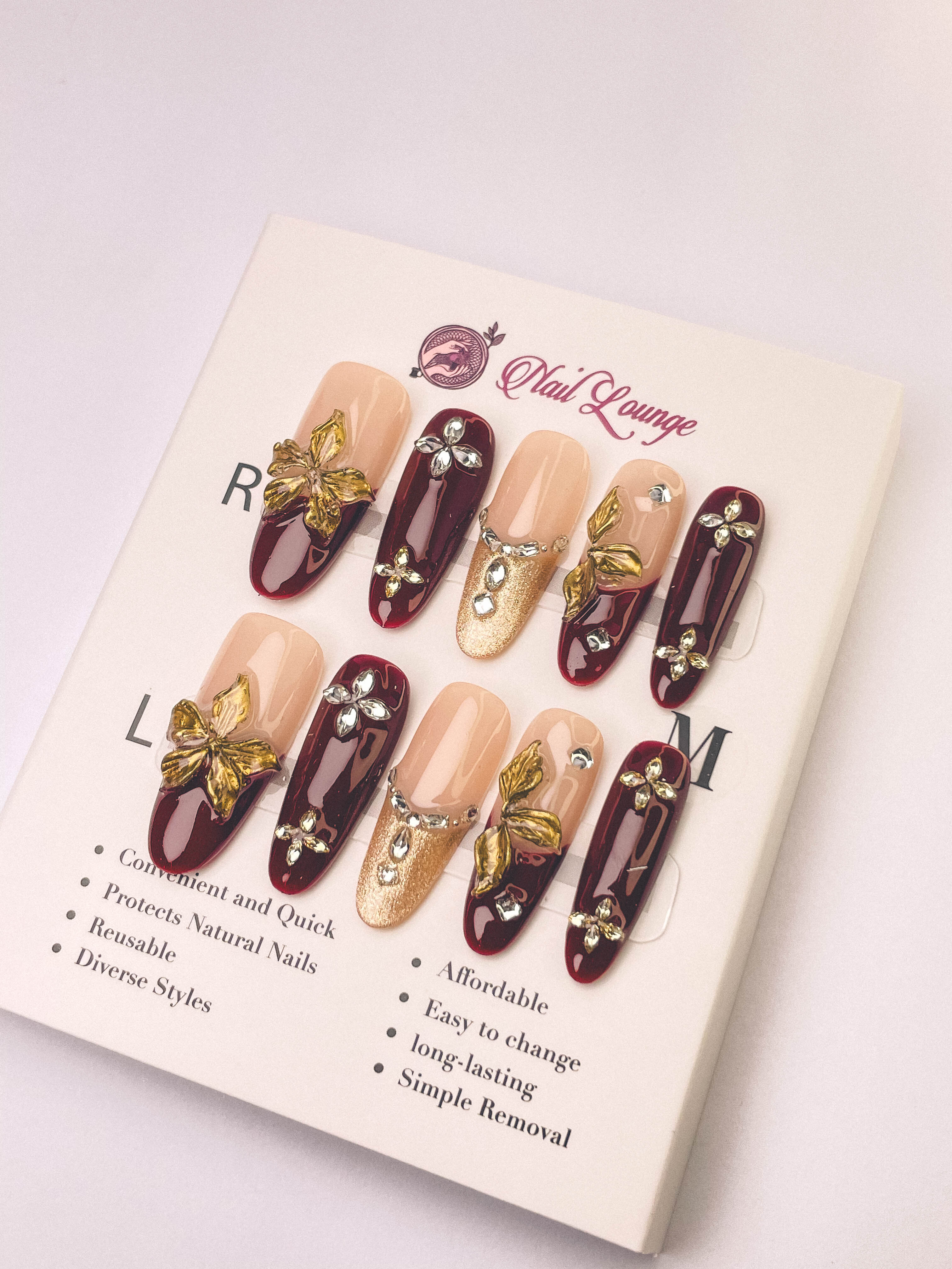 3D Gold Foil Press-On Acrylic Nails – Long Oval Shape