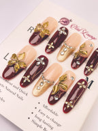 3D Gold Foil Press-On Acrylic Nails – Long Oval Shape