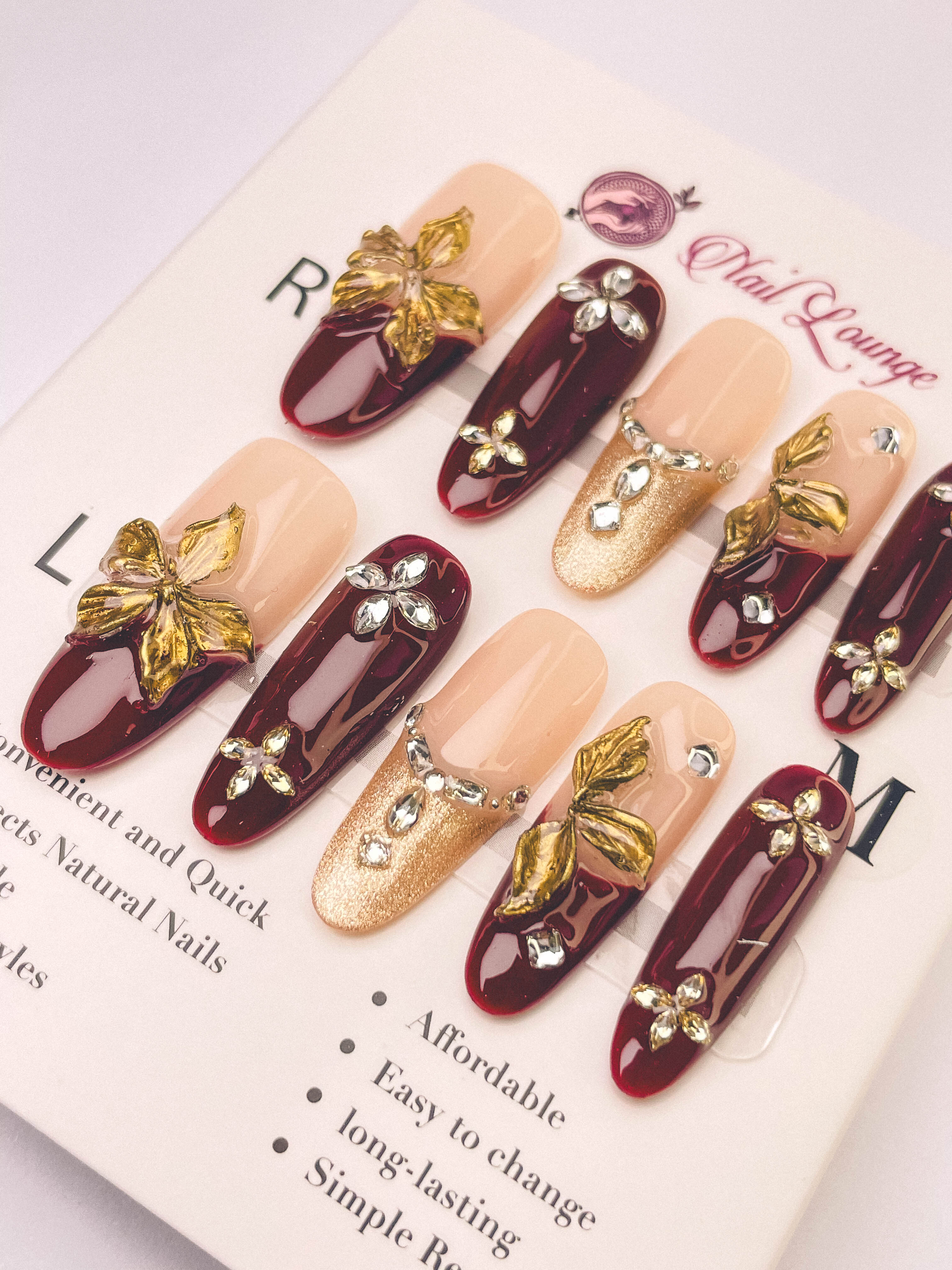 3D Gold Foil Press-On Acrylic Nails – Long Oval Shape