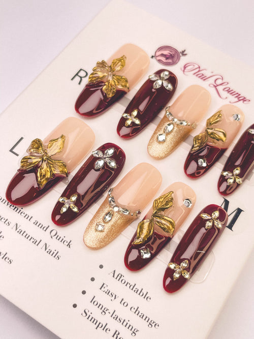 3D Gold Foil Press-On Acrylic Nails – Long Oval Shape